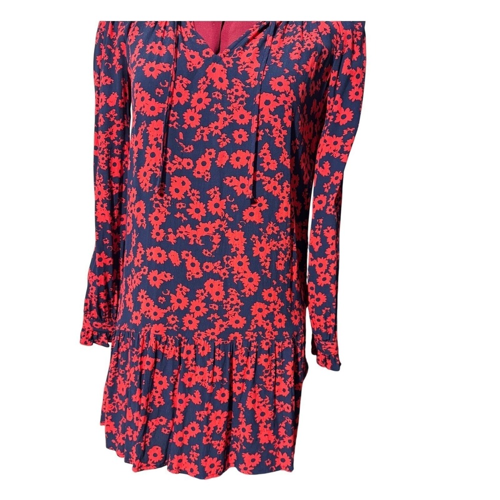 LOFT Dress XS Navy Blue Red Floral Print Drop Waist Ruffle Mini Cottagecore - Picture 5 of 8